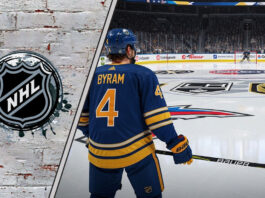 Bowen Byram in his Buffalo Sabres jersey, standing at center ice, contemplating his future with the team amidst trade rumors and offer sheet speculation.