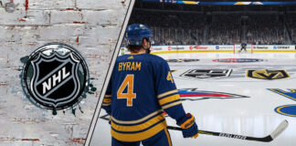 Bowen Byram in his Buffalo Sabres jersey, standing at center ice, contemplating his future with the team amidst trade rumors and offer sheet speculation.