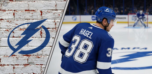 Tampa Bay Lightning forward Brandon Hagel (#38) on the ice, providing a visual for his 2025-26 fantasy hockey point projections.