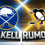 Widescreen image featuring the Buffalo Sabres and Pittsburgh Penguins logos with the words "Rakell Rumors" in large 3D text below.