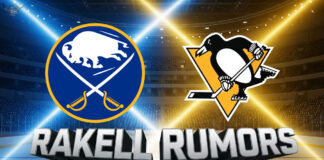 Widescreen image featuring the Buffalo Sabres and Pittsburgh Penguins logos with the words "Rakell Rumors" in large 3D text below.