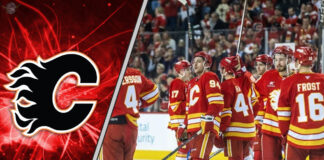 The Calgary Flames team skating on the ice in their red jerseys during a pre-season game.