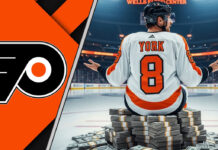 Philadelphia Flyers defenseman Cam York sitting on a pile of money at center ice after signing a new contract.