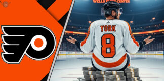 Philadelphia Flyers defenseman Cam York sitting on a pile of money at center ice after signing a new contract.
