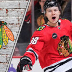 Chicago Blackhawks star Connor Bedard celebrating a goal and wondering about his next contract with the Chicago Blackhawks
