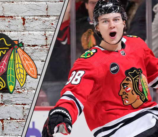 Chicago Blackhawks star Connor Bedard celebrating a goal and wondering about his next contract with the Chicago Blackhawks