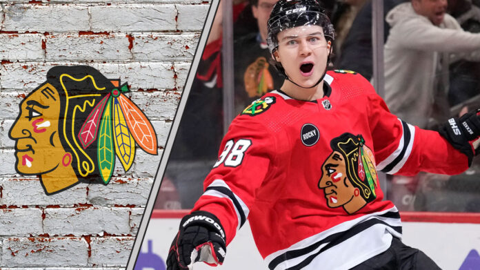 Reading Between the Lines of the Bedard Contract Talks Chicago Blackhawks star Connor Bedard celebrating a goal and wondering about his next contract with the Chicago Blackhawks