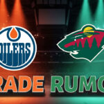 image featuring the Edmonton Oilers and Minnesota Wild logos with the words "Trade Rumor" in large text underneath. The logos are set against a dramatic hockey arena background with spotlights in the teams' colors, creating an intense and exciting atmosphere.