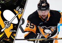Pittsburgh Penguins defenseman Erik Karlsson skates during an NHL game, with ongoing NHL trade rumors surrounding his future with the team.