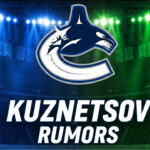 A modern, bold Vancouver Canucks logo with the words "Kuznetsov Rumors" underneath in large, stylized text. The background is a dramatic hockey arena with spotlights in Canucks colors, creating an intense and exciting atmosphere.
