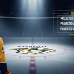 Nashville Predators players Filip Forsberg standing at center ice and looking at the team logo, with his projected 2025-26 stats displayed on a graphic overlay.