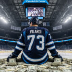 Image of a hockey player in a Winnipeg Jets jersey with the name Valardi and the number 73 on the back, sitting on a large pile of money at center ice in a hockey arena.