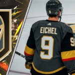 A hockey player in a Vegas Golden Knights jersey with the name Eichel and the number 9 on the back stands at center ice, looking at the team logo which is covered in stacks of money.