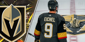A hockey player in a Vegas Golden Knights jersey with the name Eichel and the number 9 on the back stands at center ice, looking at the team logo which is covered in stacks of money.