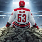 A hockey player in a Carolina Hurricanes jersey with the name Blake and the number 53 on the back sits on a large pile of cash at center ice in a packed arena.