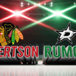 A widescreen image featuring the bold, modern logos of the Chicago Blackhawks and Dallas Stars. Below the logos, the words "Robertson Rumors" are displayed in a large, 3D font.