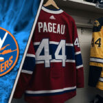 Three hockey jerseys of the Montreal Canadiens, Boston Bruins, and Carolina Hurricanes with the name Pageau and the number 44 on the back, hanging in a dressing room.