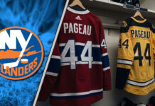 Three hockey jerseys of the Montreal Canadiens, Boston Bruins, and Carolina Hurricanes with the name Pageau and the number 44 on the back, hanging in a dressing room.