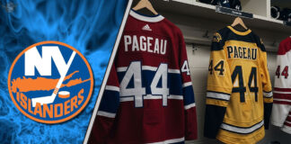 Three hockey jerseys of the Montreal Canadiens, Boston Bruins, and Carolina Hurricanes with the name Pageau and the number 44 on the back, hanging in a dressing room.