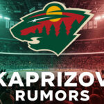 A modern Minnesota Wild-inspired logo with 'Kaprizov Rumors' text, set against a dramatic hockey arena with colored spotlights.