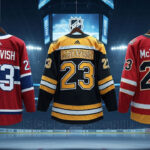 A widescreen image of three hockey jerseys hanging from the rafters of an NHL arena. The first is a Montreal Canadiens jersey, the second a Boston Bruins jersey, and the third a Calgary Flames jersey, all with the name "McTavish" and the number 23 on the back.