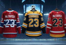 A widescreen image of three hockey jerseys hanging from the rafters of an NHL arena. The first is a Montreal Canadiens jersey, the second a Boston Bruins jersey, and the third a Calgary Flames jersey, all with the name "McTavish" and the number 23 on the back.