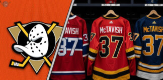 Three custom hockey jerseys—Montreal Canadiens, Calgary Flames, and Buffalo Sabres—all with the name McTavish and the number 37 on the back, hang in an NHL dressing room, illustrating potential trade destinations.