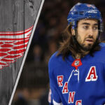 New York Rangers center Mika Zibanejad skates during an NHL game, central to recent Detroit Red Wings trade rumors.