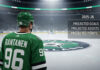 Mikko Rantanen of the Dallas Stars stands at center ice, with the back of his #96 jersey visible. A graphic displays his 2025-26 point projections: 50 goals, 55 assists, 105 points.