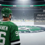 Mikko Rantanen of the Dallas Stars stands at center ice, with the back of his #96 jersey visible. A graphic displays his 2025-26 point projections: 50 goals, 55 assists, 105 points.