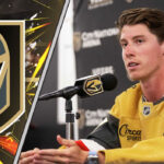 Mitch Marner smiles in a Vegas Golden Knights jersey during a press conference, representing his 2025-26 season point projections.