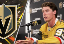 Mitch Marner smiles in a Vegas Golden Knights jersey during a press conference, representing his 2025-26 season point projections.