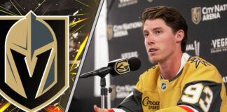 Mitch Marner smiles in a Vegas Golden Knights jersey during a press conference, representing his 2025-26 season point projections.