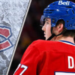 Montreal Canadiens player Kirby Dach with a backdrop of the Bell Centre ice, overlaid with the Montreal Canadiens logo