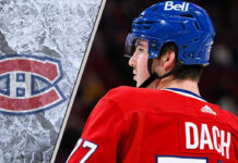 Montreal Canadiens player Kirby Dach with a backdrop of the Bell Centre ice, overlaid with the Montreal Canadiens logo