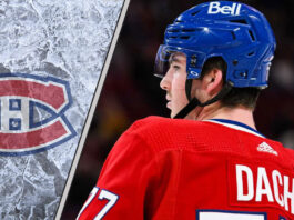 Montreal Canadiens player Kirby Dach with a backdrop of the Bell Centre ice, overlaid with the Montreal Canadiens logo