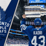 Nazem Kadri in a Toronto Maple Leafs jersey, holding the Stanley Cup at center ice.