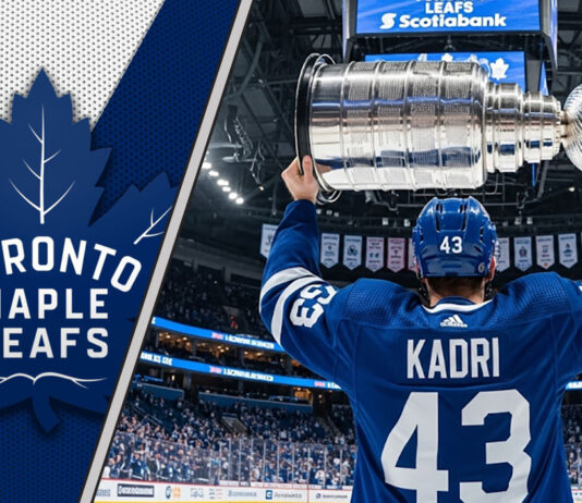 Nazem Kadri in a Toronto Maple Leafs jersey, holding the Stanley Cup at center ice.