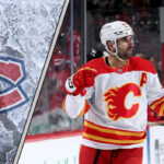 Nazem Kadri Rumors: Could a Blockbuster Trade to the Montreal Canadiens Actually Happen? An action shot of Nazem Kadri in his Calgary Flames jersey, with the Montreal Canadiens logo in the background, illustrating the latest NHL trade rumors.
