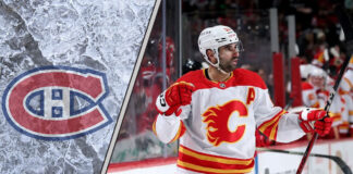 An action shot of Nazem Kadri in his Calgary Flames jersey, with the Montreal Canadiens logo in the background, illustrating the latest NHL trade rumors.