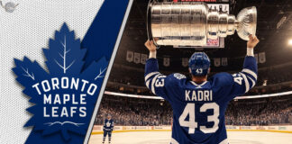 A realistic, widescreen image of Nazem Kadri in a Toronto Maple Leafs jersey, hoisting the Stanley Cup at center ice.
