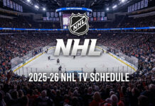 A view from the stands of a packed NHL hockey arena during a game. Overlaid in the center is the official NHL logo and the text '2025-26 NHL TV SCHEDULE' in large, white letters.