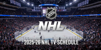 A view from the stands of a packed NHL hockey arena during a game. Overlaid in the center is the official NHL logo and the text '2025-26 NHL TV SCHEDULE' in large, white letters.