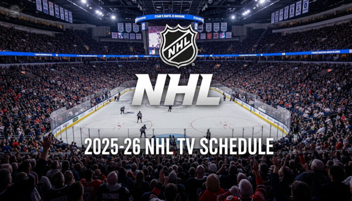 Key Dates and Marquee Matchups: What We've Learned A view from the stands of a packed NHL hockey arena during a game. Overlaid in the center is the official NHL logo and the text '2025-26 NHL TV SCHEDULE' in large, white letters.