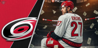 Nikolaj Ehlers in a Carolina Hurricanes jersey sitting on money at PNC Arena after signing a new contract.