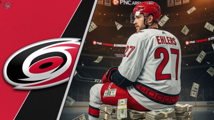What Ehlers' Contract Means for the Hurricanes' Cup Contention Nikolaj Ehlers in a Carolina Hurricanes jersey sitting on money at PNC Arena after signing a new contract.