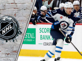 Winnipeg Jets forward Nikolaj Ehlers skates with the puck during an NHL game, looking for a passing lane.