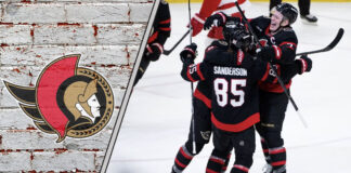Ottawa Senators team celebrating a goal with the logo over-layed to the left on the image