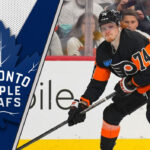 Philadelphia Flyers forward Owen Tippett skates with the puck, amidst NHL trade rumors linking him to the Toronto Maple Leafs.