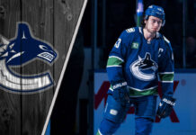 Vancouver Canucks defenseman Quinn Hughes skates with the puck during an NHL game, with a graphic overlay of the Canucks logo.
